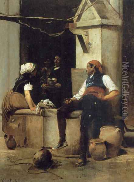 Chatting By The Fountain Oil Painting - Jehan Georges Vibert