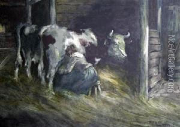 Milking The Cow Oil Painting - Hutton Mitchell