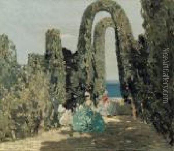 Dame Mascherate In Giardino - 1918(?) Oil Painting - Emma Ciardi