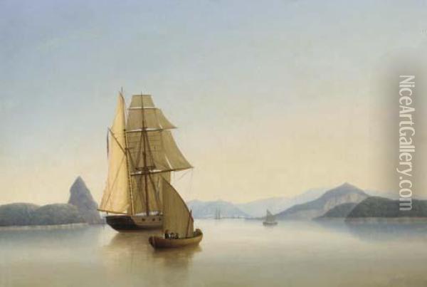 An Armed British Brig Becalmed In The Approaches To Rio De Janeiro,brazil Oil Painting - George Mounsey Wheatley Atkinson