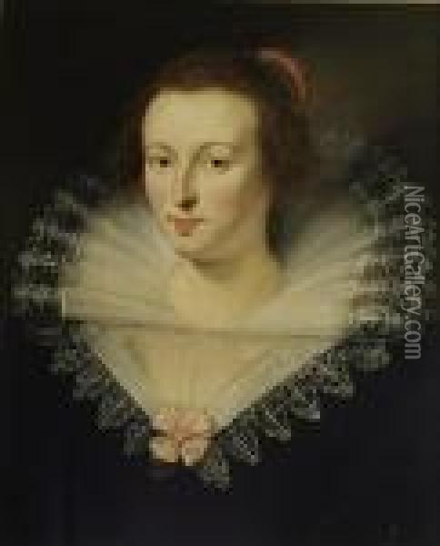 Portrait Of A Lady, Head And Shoulders, Wearing A Blackdress With Lace Collar/ruff Oil Painting - Peter Paul Rubens