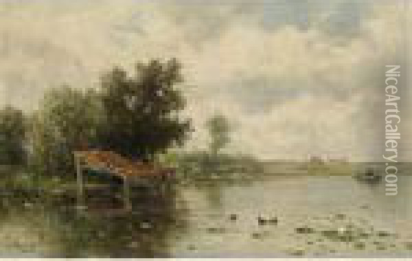 A Polder Landscape With A Man In A Rowing Boat Oil Painting - Willem Roelofs
