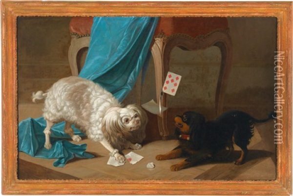 Zwei Hunde Raufen Unter Einem Tabouret Um Spielkarten Oil Painting - Jean-Jacques Bachelier
