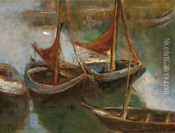 Moored Boats By The Oude Werf In Veere Oil Painting - Moricz Goth