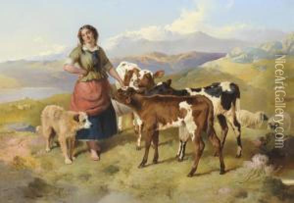 Milkmaid With Calves In A Lakeland Landscape Oil Painting - George W. Horlor