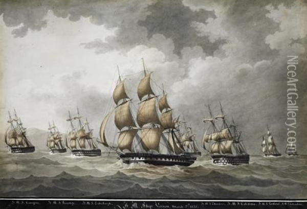 Seven Warships Proceding Under Sail Oil Painting - Nicholas Cammillieri