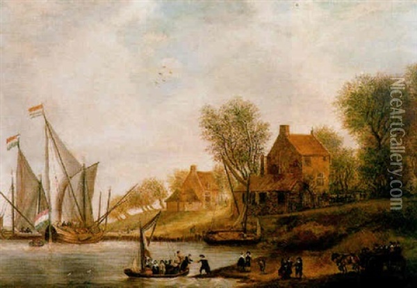 A Wooded River Landscape With Townsfolk Disembarking Near A Landing Stage And Travellers On A Horse And Wagon Waiting Nearby On A Summer's Day Oil Painting - Salomon van Ruysdael