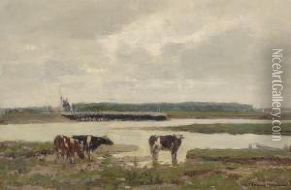 Cows By The River The Ijssel Oil Painting - Wilhelm Hambutchen
