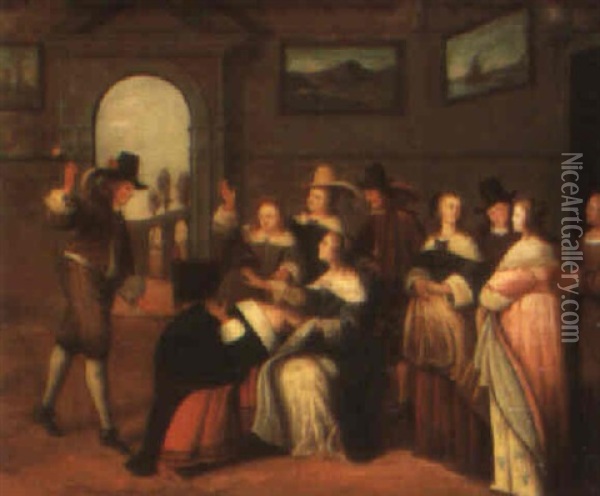 Elegant Company In An Interior Playing Le Main Chaud Oil Painting - Hieronymous (Den Danser) Janssens