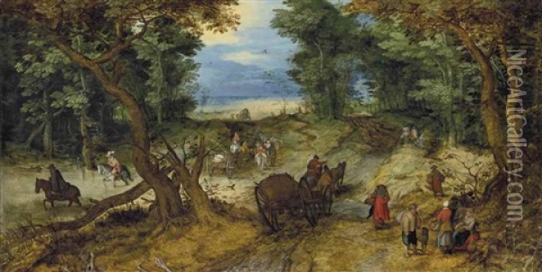 A Wooded Landscape With Travelers On A Path Oil Painting - Jan Brueghel the Elder