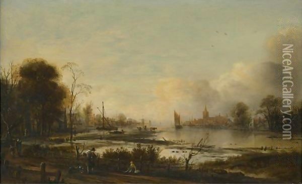A River Estuary At Dusk With Figures Returning Home Along A Track, A Town Beyond Oil Painting - Aert van der Neer