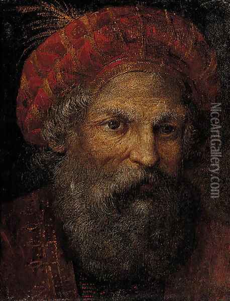 Portrait of a bearded gentleman, bust-length, wearing an embroidered hat and jerkin Oil Painting - Christian Wilhelm Ernst Dietrich