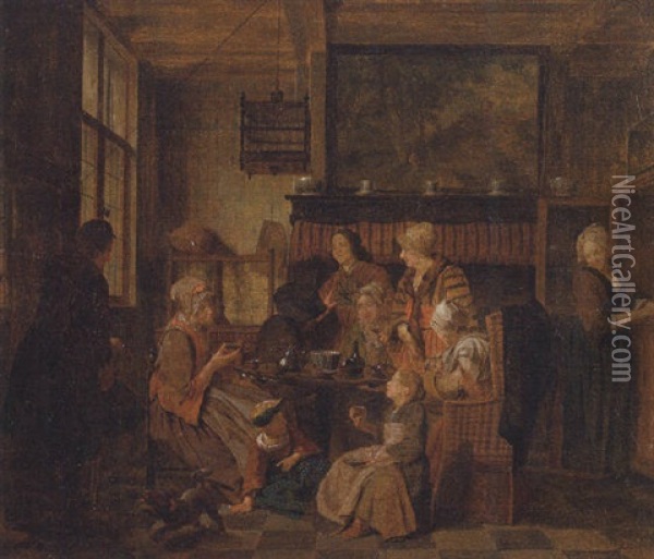 A Family Drinking Tea At A Table In An Interior Oil Painting - Jan Josef Horemans the Elder
