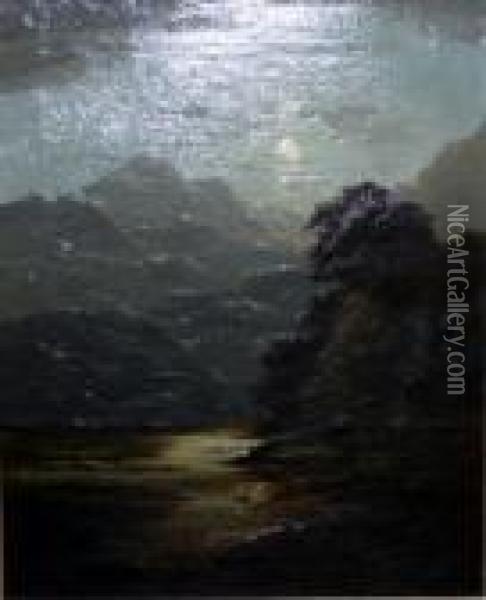 Oilon Canvas - Moonlit Landscape With Mountains And Figures - 42 X 52 Cms Oil Painting - Charles Leslie