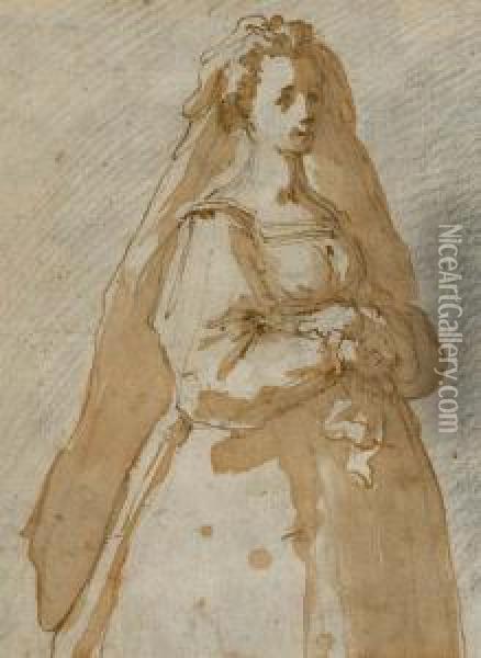 Femme Vetue D'une Robe Et Portant Un Voile, Les Mains Jointes Oil Painting - (Jacopo Chimenti) Empoli