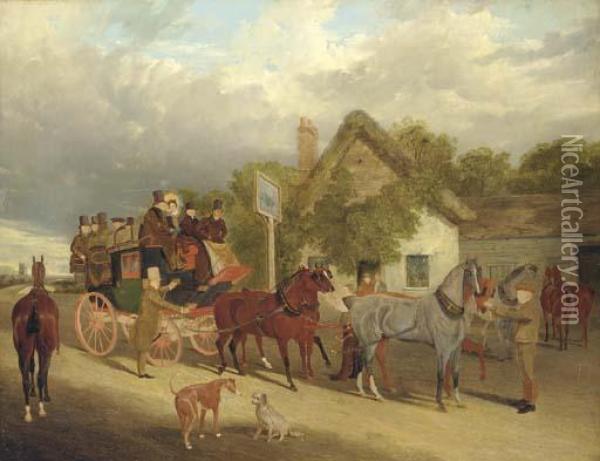 The Royal Mail - Changing Horses Outside The Red Lion Oil Painting - John Frederick Herring Snr