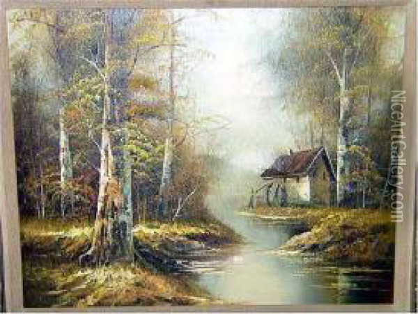River Landscape With Watermill Oil Painting - Fletcher C. Ransom
