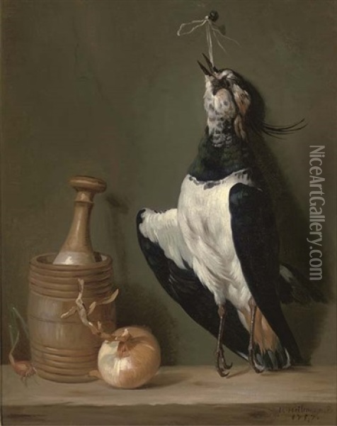A Lapwing Suspended From A Nail With An Onion, A Shallot And A Pestle And Mortar On A Wooded Ledge Oil Painting - Jean-Gaspard Heilmann