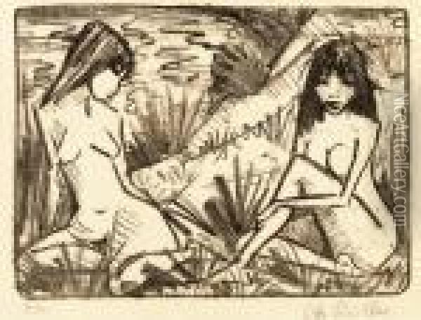 Zwei In Dunen Sitzende Madchen Oil Painting - Otto Mueller