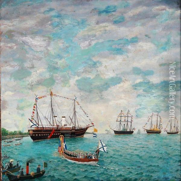 Emperor Alexander Iii Sails With Escort To Copenhagen Oil Painting - Henrik Ludvig Galster