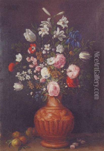 Lilies, Roses, Tulips, Carnations And Other Flowers In A Vase With Peaches On A Stone Ledge Oil Painting - Jan Mortel