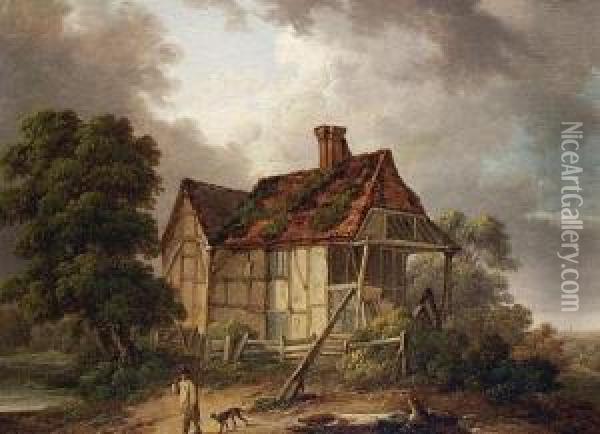A Traveller And His Dog Before A Cottage Oil Painting - Charles Towne