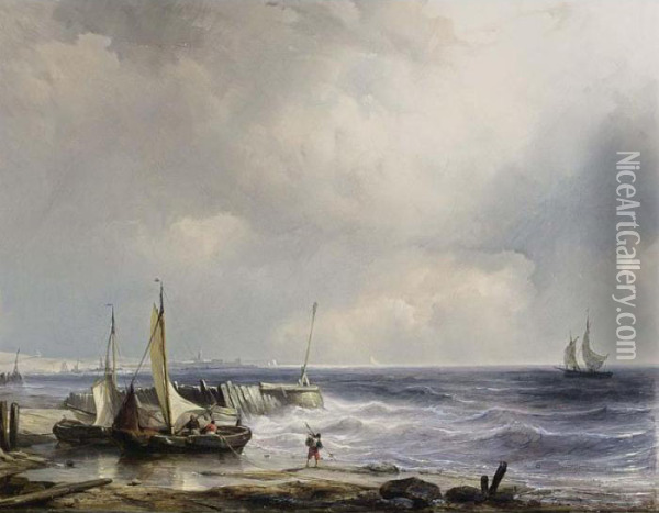 Sailing Vessels On The Shore With Katwijk In The Background Oil Painting - Louise Meyer