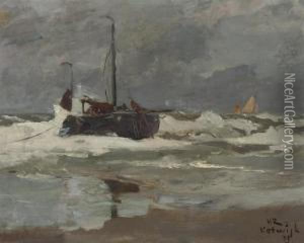 A Fishing Vessel In Choppy Waters, Katwijk Oil Painting - Henrik Reuterdahl