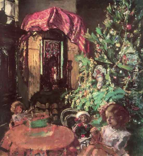 Zuzu under the Christmas Tree 1914 Oil Painting - Istvan Csok