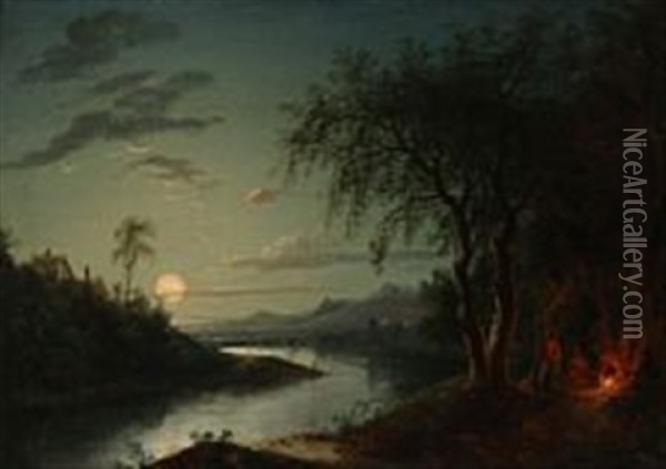 Moon Light Landscape With A Bonfire Oil Painting - Sebastian Pether