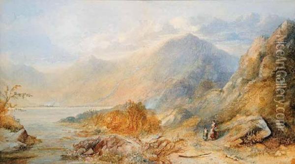 Untitled - Majestic Mountains With Mother And Child Oil Painting - Anthony Vandyke Copley Fielding