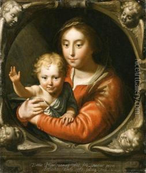 The Virgin And Child In A Feigned Stone Cartouche Withcherubs Oil Painting - Paulus Moreelse