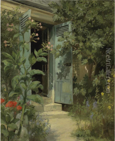 The Steps By The Flowers Oil Painting - Marie Adrien Lavieille
