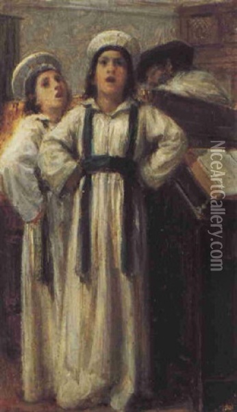 Young Choirboys In The Synagogue Oil Painting - Jacques Emile Edouard Brandon