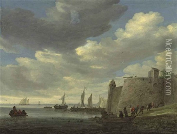 A River Estuary With Figures Pulling In Their Nets By A Fort, Wijdships At A Footbridge And Other Vessels Beyond Oil Painting - Salomon van Ruysdael