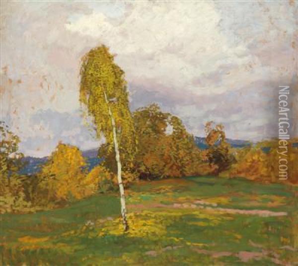 A Landscape With A Birch Tree Oil Painting - Gustav Macoun