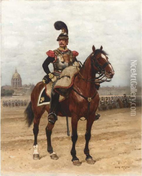 A Trooper Of The Cuirassiers With Les Invalides Beyond Oil Painting - Jean Baptiste Edouard Detaille