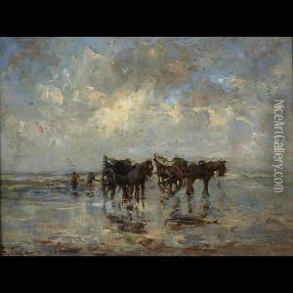 Clam Diggers; Fisherwomen On The Beach Oil Painting - Tamine Tadama Groeneveld