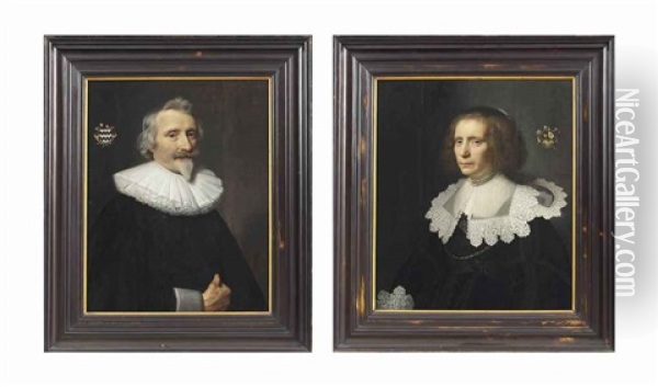 Portrait Of Jan Van Der Haer (1573-1646); Portrait Of Maria Van Kinschot (1589-1648) (pair) Oil Painting - Michiel Janszoon van Mierevelt