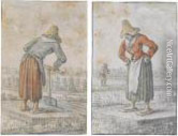 Two Drawings Of Women Cutting Peat Oil Painting - Herman Saftleven