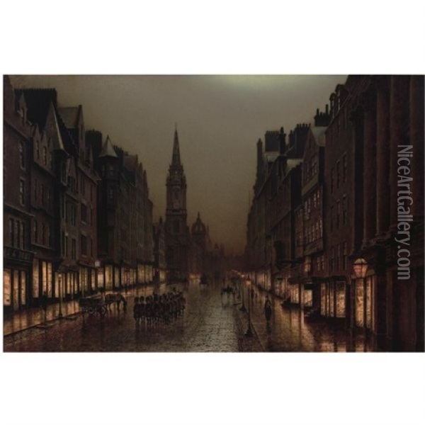A View Of The Royal Mile, Edinburgh, With A Platoon Of Scots Guards Oil Painting - Louis H. Grimshaw