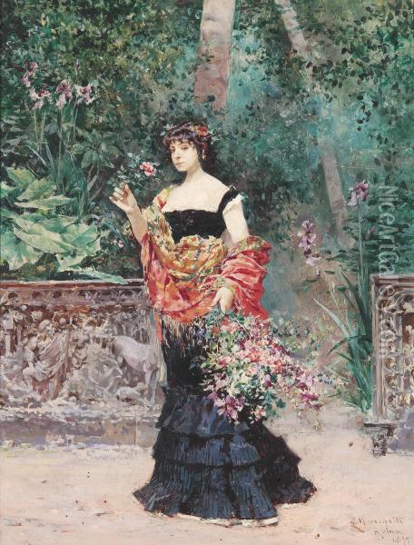 Elegantlady In A Park Oil Painting - Ludovico Marchetti