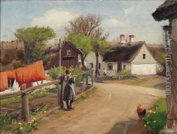 Spring In The Village With Yellow Dandelions And Red Quilts Hanging In The Fresh Air Oil Painting - Hans Andersen Brendekilde