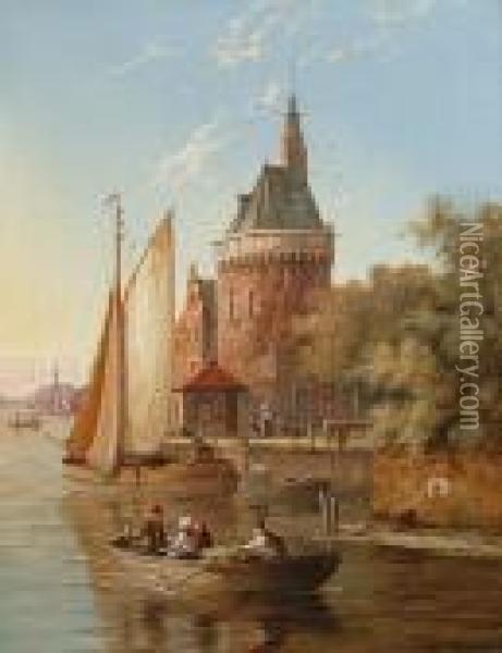 On The River Amstel, Amsterdam Oil Painting - William Raymond Dommersen
