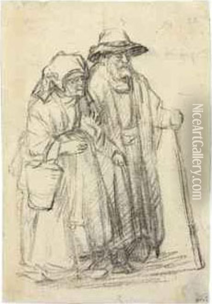 A Strolling Couple: An Old Man And A Woman Carrying A Marketpail Oil Painting - Rembrandt Van Rijn