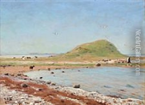 Beach Scene With Sheep And A Walking Man Oil Painting - Hans Andersen Brendekilde