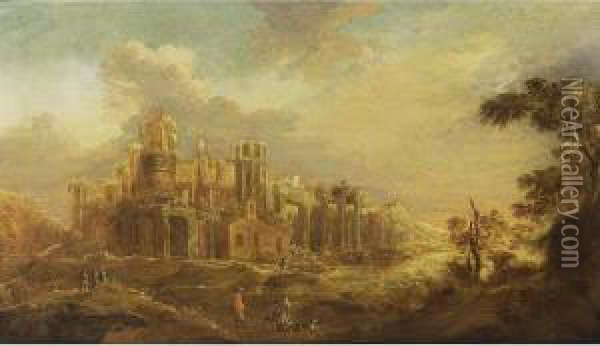 A Classical Landscape With Travellers On A Path Near Antique Ruins Oil Painting - Abraham Evertsz. Van Westerveldt