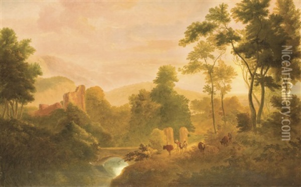 Ideale Landschaft Mit Ruine Und Kuhhirten Oil Painting - Johann Heinrich Menken