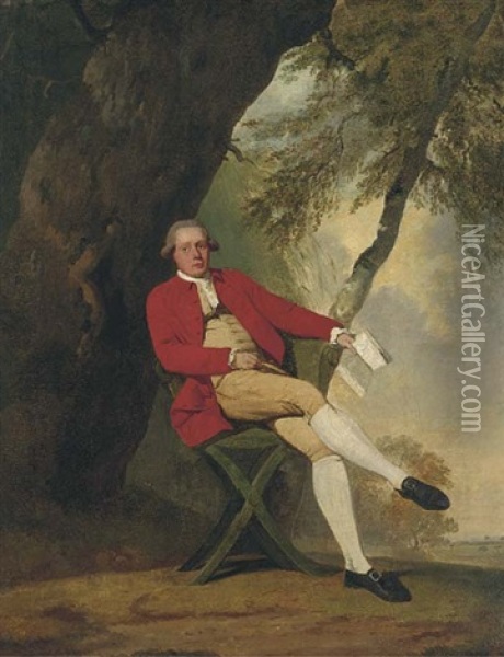 Portrait Of Squire Austin, Seated Full-length, In A Red Coat With A Yellow Waistcoat And Breeches, Holding A Book In His Left Hand, Beneath A Tree In A Landscape Oil Painting - Arthur William Devis