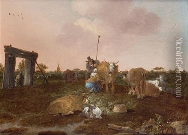 A Milkmaid, Herder And Cattle In A Field Oil Painting - Jan Baptist Wolfaerts